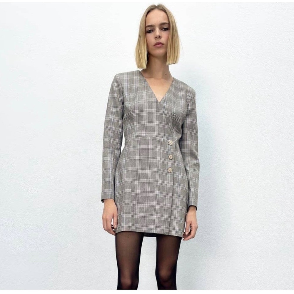 NWT Zara Plaid Check Jeweled Blazer Mini Dress Black White XXL